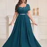 【Plus Size】MISSMAY P25737A Women's Plus Size Sweetheart V Neck Sequins Lace Contrast Rhinestones Ribbon Waist Chiffon Prom Formal Dress For Bridesmaid Event Formal Party Occasions