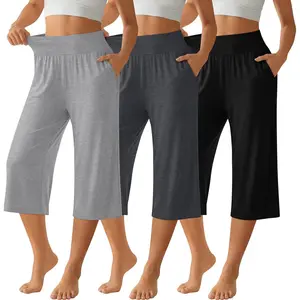 3 Pack Women Capri Pants Wide Leg High Waist Crop Lounge Sweatpants Loose Summer Casual Workout Pants with Pocket
