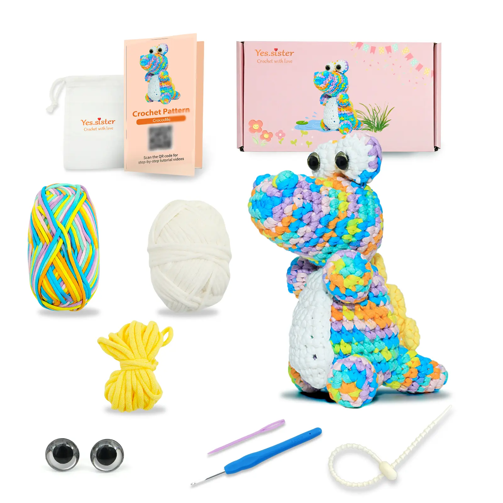 DIY Crochet Kit for Beginners - Crocodile Amigurumi Crochet Kit with Cotton Yarn, Video Tutorials & Printed Pattern - Handmade Gift for Teens & Adults, Eco-Friendly Reusable Packaging Crafts