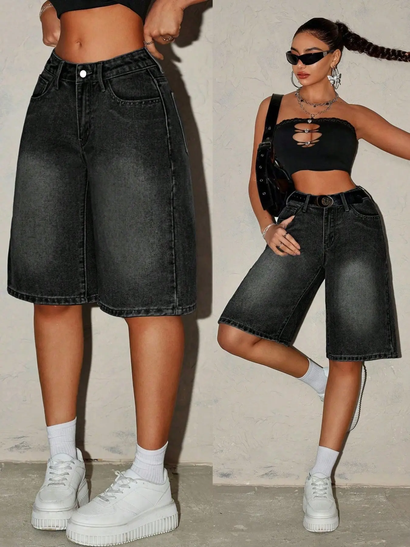 Tall Girl Women's Fitted High Waist Basic Denim Summer Shorts, Chic Casual Shorts, Casual Loose Shorts, Plain Pattern, Casual Style, Comfortable & Stylish Design, Perfect for Daily Wear, Everyday