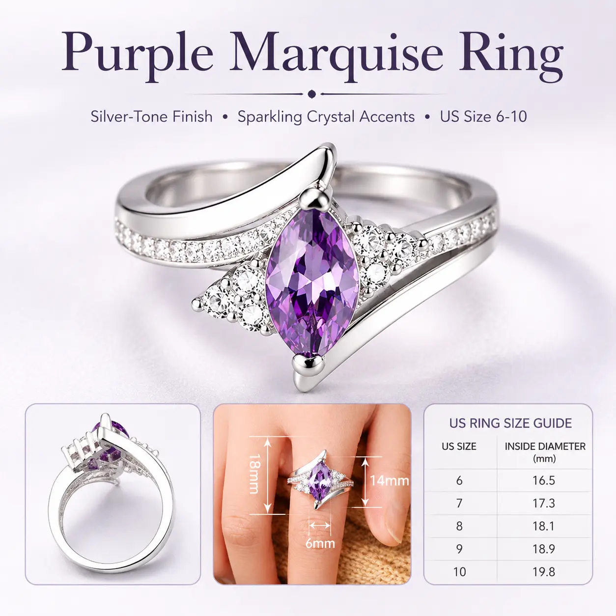 Elegant Purple Amethyst Marquise Statement Ring Silver Tone Sparkling Side Stones Curved Split Shank Lightweight Comfort Fit US Sizes 6-10 Timeless Fashion Jewelry Daily Special Occasion Perfect Gift Women Girls