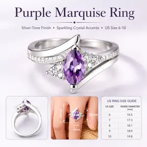 Elegant Purple Amethyst Marquise Statement Ring Silver Tone Sparkling Side Stones Curved Split Shank Lightweight Comfort Fit US Sizes 6-10 Timeless Fashion Jewelry Daily Special Occasion Perfect Gift Women Girls