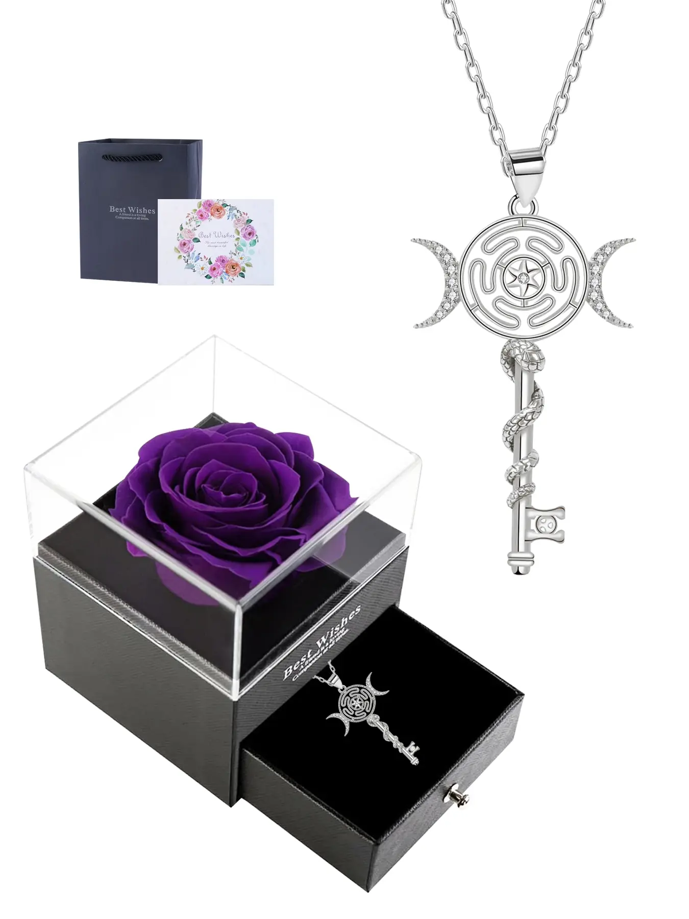 Hecate Key Necklace With Purple Rose Jewelry Gift Box, Triple Moon Goddess Pentagram Wheel Key Pendant Necklace, Witchcraft Tetragrammaton Amulet Jewelry Gifts for Women, Fashionable Jewelry Accessories, Hekate Pendant, Copper Chain Jewelry