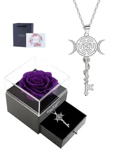 Hecate Key Necklace With Purple Rose Jewelry Gift Box, Triple Moon Goddess Pentagram Wheel Key Pendant Necklace, Witchcraft Tetragrammaton Amulet Jewelry Gifts for Women, Fashionable Jewelry Accessories