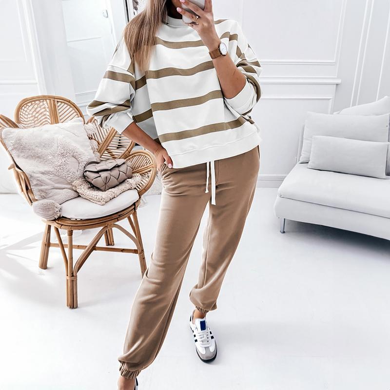 MULLVEIG Women's Stripe Drop Shoulder Pullover & Jogger Pants Set - Winter 2 Piece Lounge Outfit for Cozy Comfort Womenswear