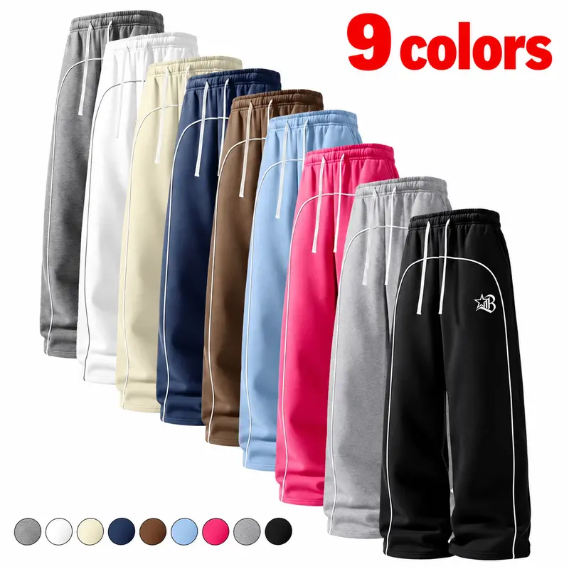 Men’s Y2K wide-leg sweatpants with white side stripes, four-piece set, available in 9 colors, one size fits all, drawstring streetwear athletic long pants