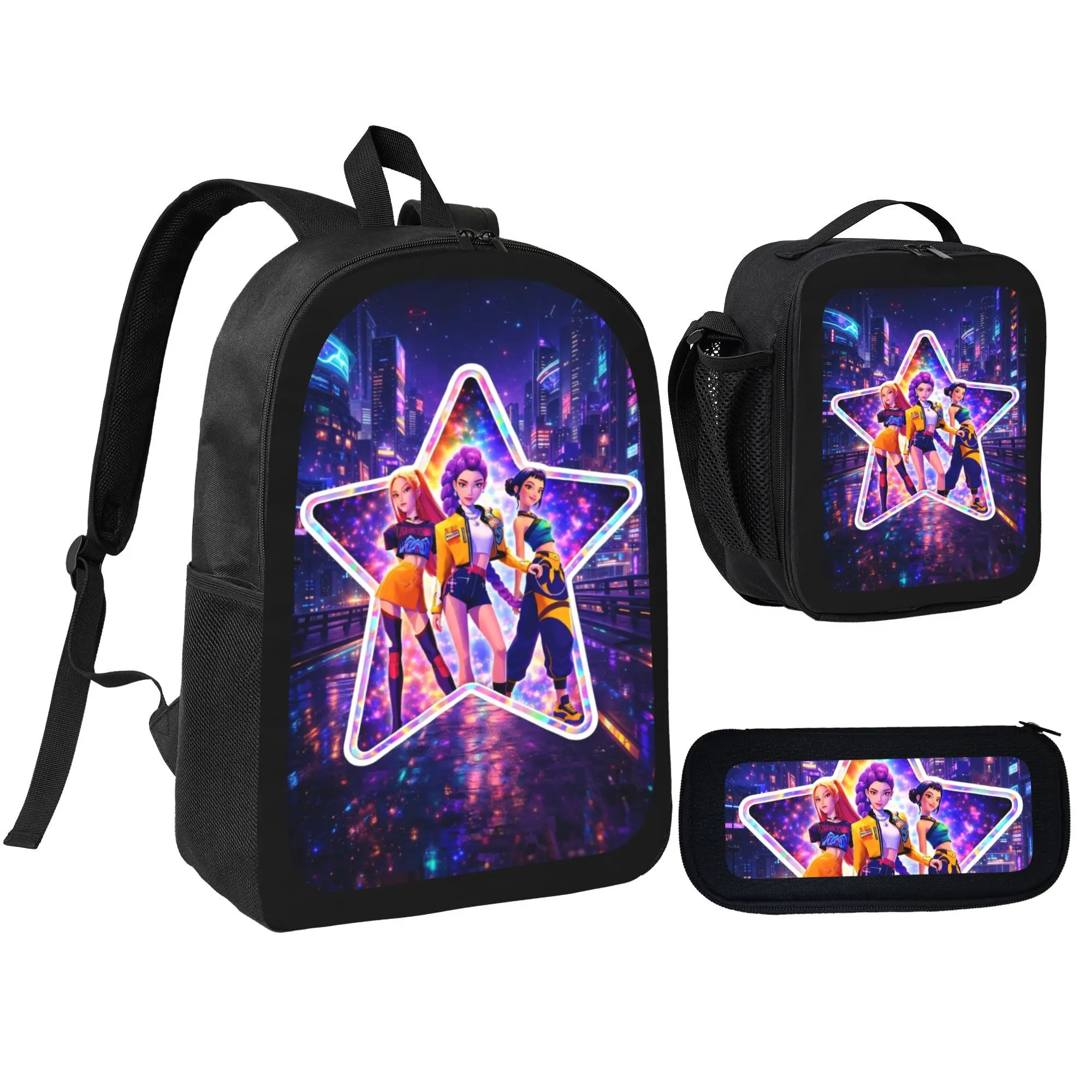 3 in 1 K-Pop Punk Backpack KDH - Dark Themed School Bag + Pencil Bag + Thermal Lunch Box - K-Pop Merchandise Great for Everyday Carry