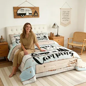 Camper RV Comforter Set Camping Travel Trailer Decor Bedding Set for Kids Boys Girls Adults,Vintage Wooden Plank Cottage Down Comforter,Rustic Farmhouse Duvet Insert