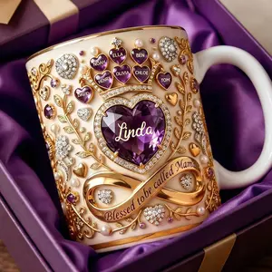 Personalized Crystal Heart Mug 2D Printed 3D Effect Custom Name Coffee Cup Elegant Heart Design Unique Gift for Moms and Grandmas Keepsake Mother’s Day Birthday Appreciation Present for Her Family Love Mug