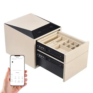 2-Tier Smart Jewelry Safe Box, Fingerprint Bluetooth Safe Box with Digital Display, Drawer Style Jewelry & Pistol Security Safe, Leather Wrapped Smart Home Safe