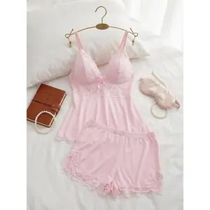 Women's Solid Color Lace Trim Cami Top & Shorts Pyjama Two-piece Set, Casual Comfy Camisole & Shorts Lingerie Set, Women's Sleepwear for All Seasons