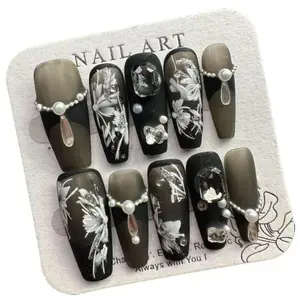 S55 Hand-painted flower set with diamond black medium and long removable press on nails Handmade Holiday Nail Art for Everyday Wear or Gift