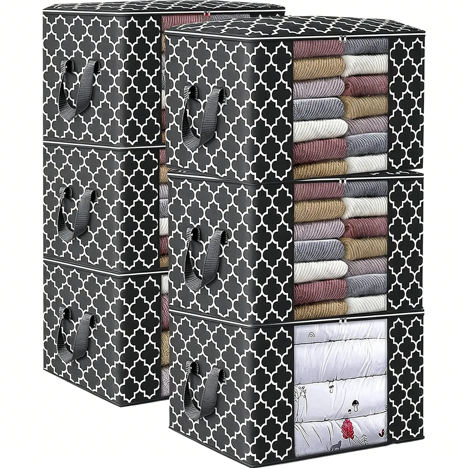 6-pack black printed storage bags large blanket and clothing storage bags for quilts foldable with reinforced handles