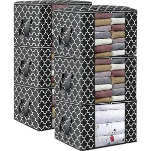 6-pack black printed storage bags large blanket and clothing storage bags for quilts foldable with reinforced handles