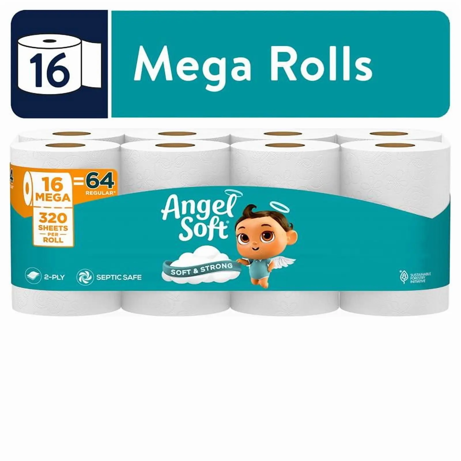 Angel Soft 2-Ply Toilet Paper, 16 Mega Rolls, 320 Sheets per Roll, Soft & Strong Bath Tissue