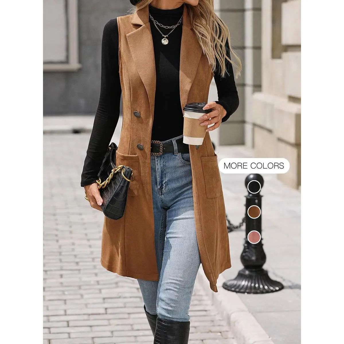 Cropped Hoodie Style, Button Decor Lapel Neck Suede Vest Blazer, Casual Sleeveless Pocket Open Front Longline Outerwear for Spring & Fall, Ladies Clothes Daily Wear, Versatile, Comfort, Style, Outfit, Essential