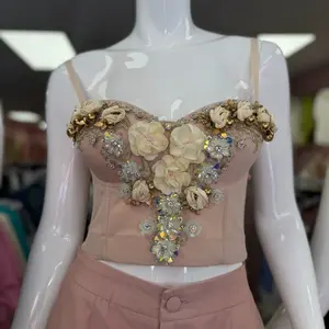Women's Elegant Sleeveless Spaghetti Strap Crop Top - Floral-Embellished with Rhinestones, Beads, Stylish Design for Casual, Formal Outfits - Complements Bottoms & Women's Clothes