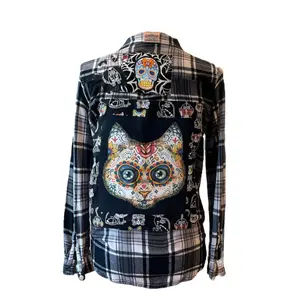 Give It a Shot - Kitty Calaveras - Upcycled Black and White Womens flannel shirt with patchwork and embellishments.