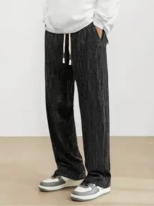 Men's Plaid Jacquard Loose Fit Pants, Trendy Straight Leg Velvet Wide Leg Sweatpants, Comfortable and Stylish Casual Wear
