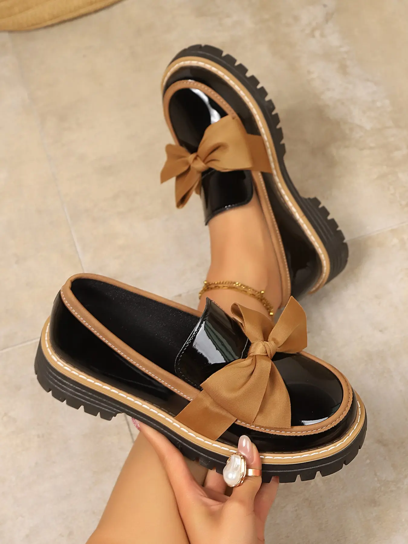 Women's Sweet Cool Academy Bow Thick Sole Flatform Loafers, Short Height Increase Spring Autumn Outerwear Small Leather Shoes Footwear