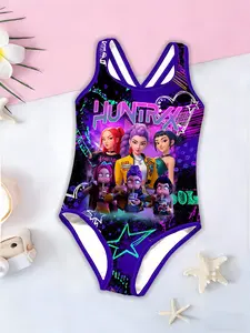 Girls Kpop Series Jumpsuit Swimwear, Graffiti Cross Backless Sleeveless Swimsuit, Casual Fashion Beach Pool Water Sports Gift, Swim Bodysuit