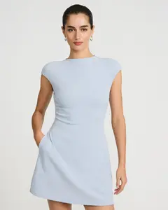 Express Crepe Mock Neck Cap Sleeve Back Cutout Mini Dress with Pockets