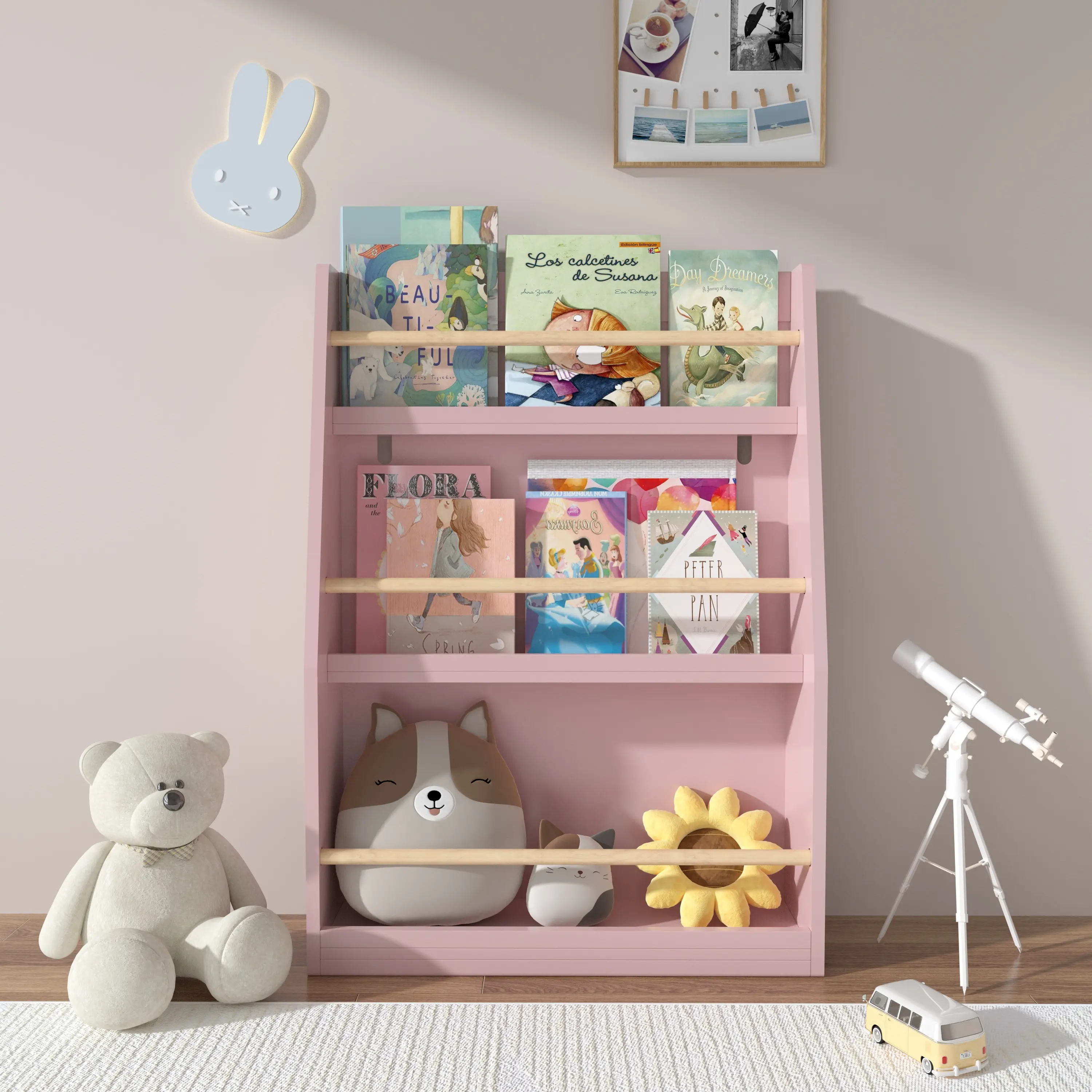 Pink Pine 3-Tier Wooden Kids Bookshelf - Sturdy, Stable Toddler Book Rack with Front Display, Tipover Restraint, Compact Fit, Durable Storage Organizer (13.67 lbs, 22.83" L×7.09" W×31.50" H) for Bedroom, Teaches Organization, Builds Independence
