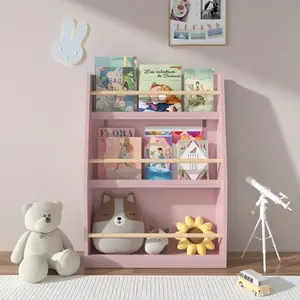 3 Tier Kids Bookshelf Wooden Toddler Book Rack with Front Display Children's Storage Organizer for Bedroom Playroom Pink