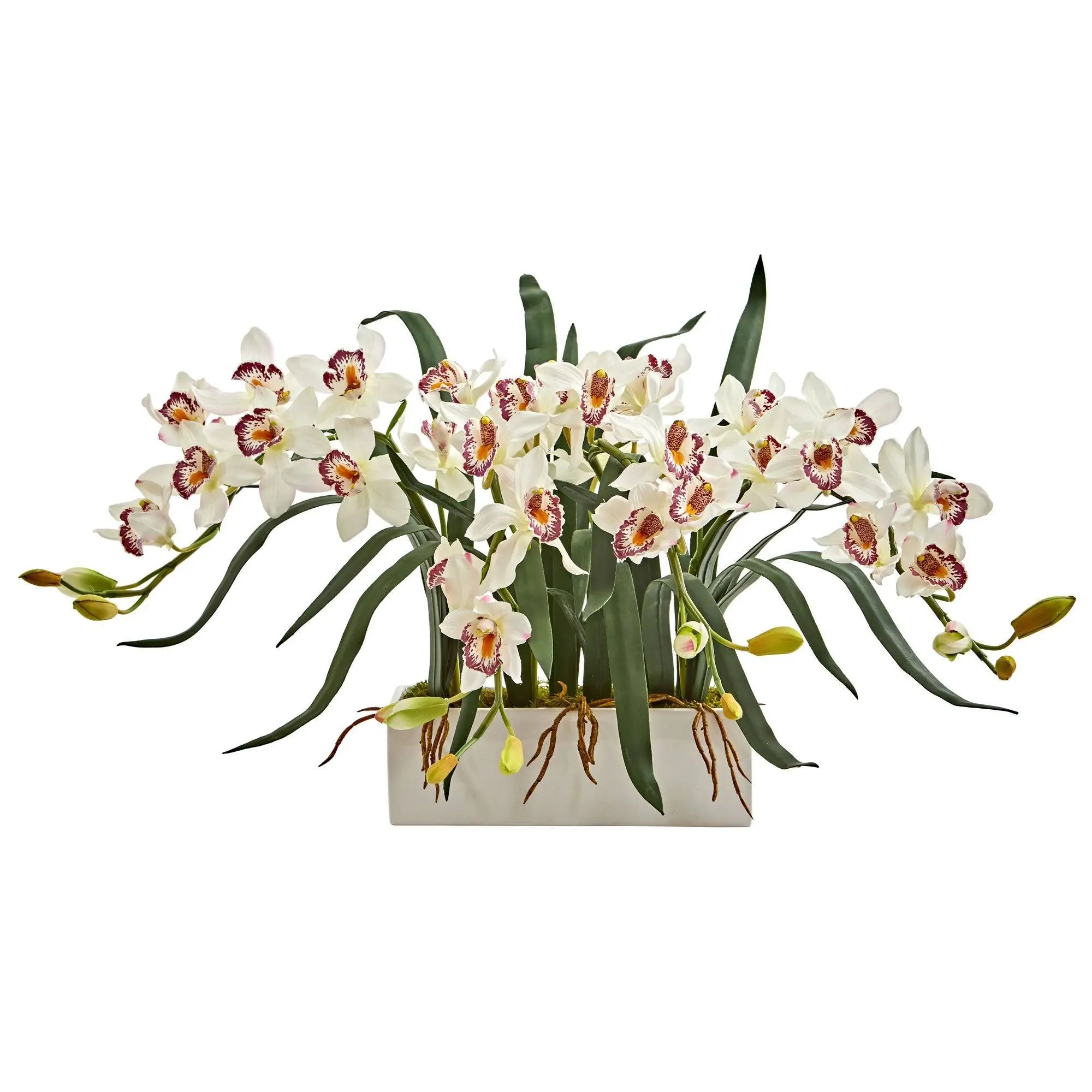 Minimalist Elegant Synthetic Cymbidium Orchid Floral Arrangement - Rectangular White Vase, Neutral-Tone Room Floral Decor for Home Ornaments