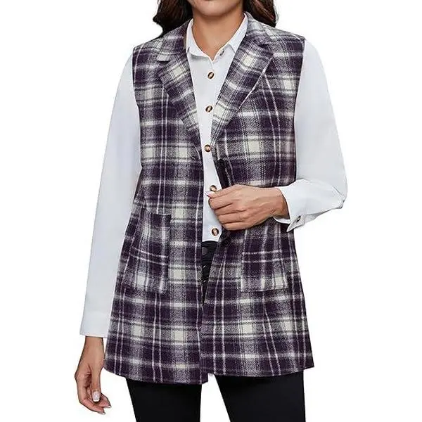 Long Plaid Waistcoat for Women - Casual Preppy OL Style Fitted Winter Top Blackblue Patterned Vest Machine Washable