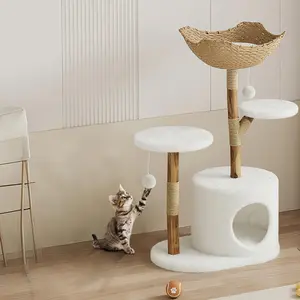 Garvee Modern Natural Wood Cat Tree featuring a stylish solid wooden climbing tower with large rattan basket, scratching posts, real branch design, and a white luxury perch for rest and play