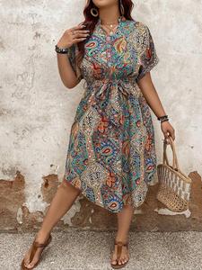 【plus size】 ethnic paisley print belted dress, boho notched neck short sleeve dress for beach holiday vacation, women's clothes for summer