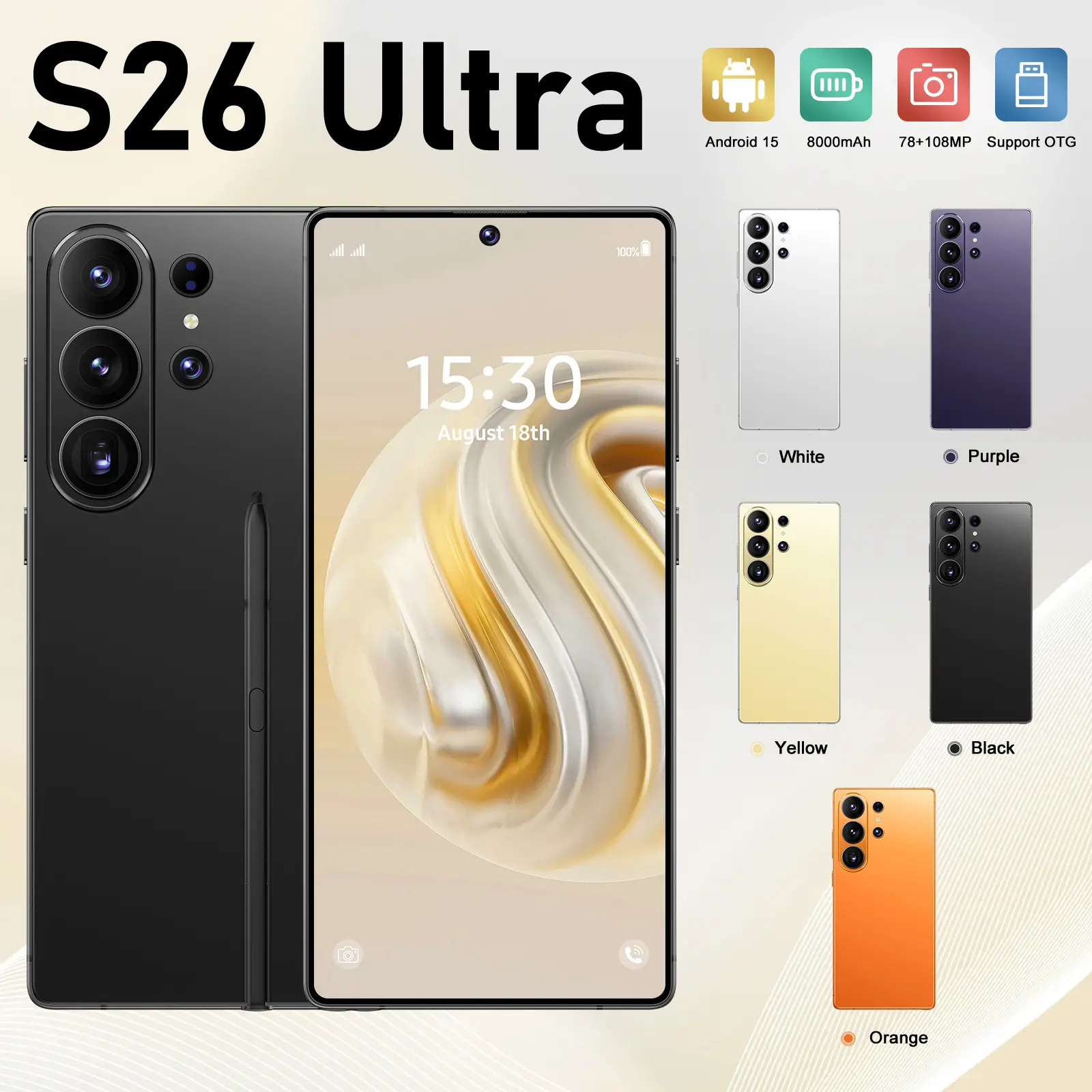 2026 Upgraded S26 Ultra 5G Unlocked Phone | 12GB+512GB | Android 15 | 6.99" HD Screen | 78MP+108MP Camera | 8000mAh | Built-in Pen | Dual SIM
