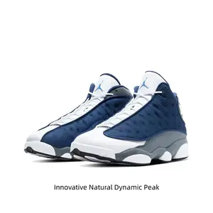 Navy Blue, White and Gray High-Top Retro Basketball Shoes with Mesh and Leather Upper, Gray Midsole