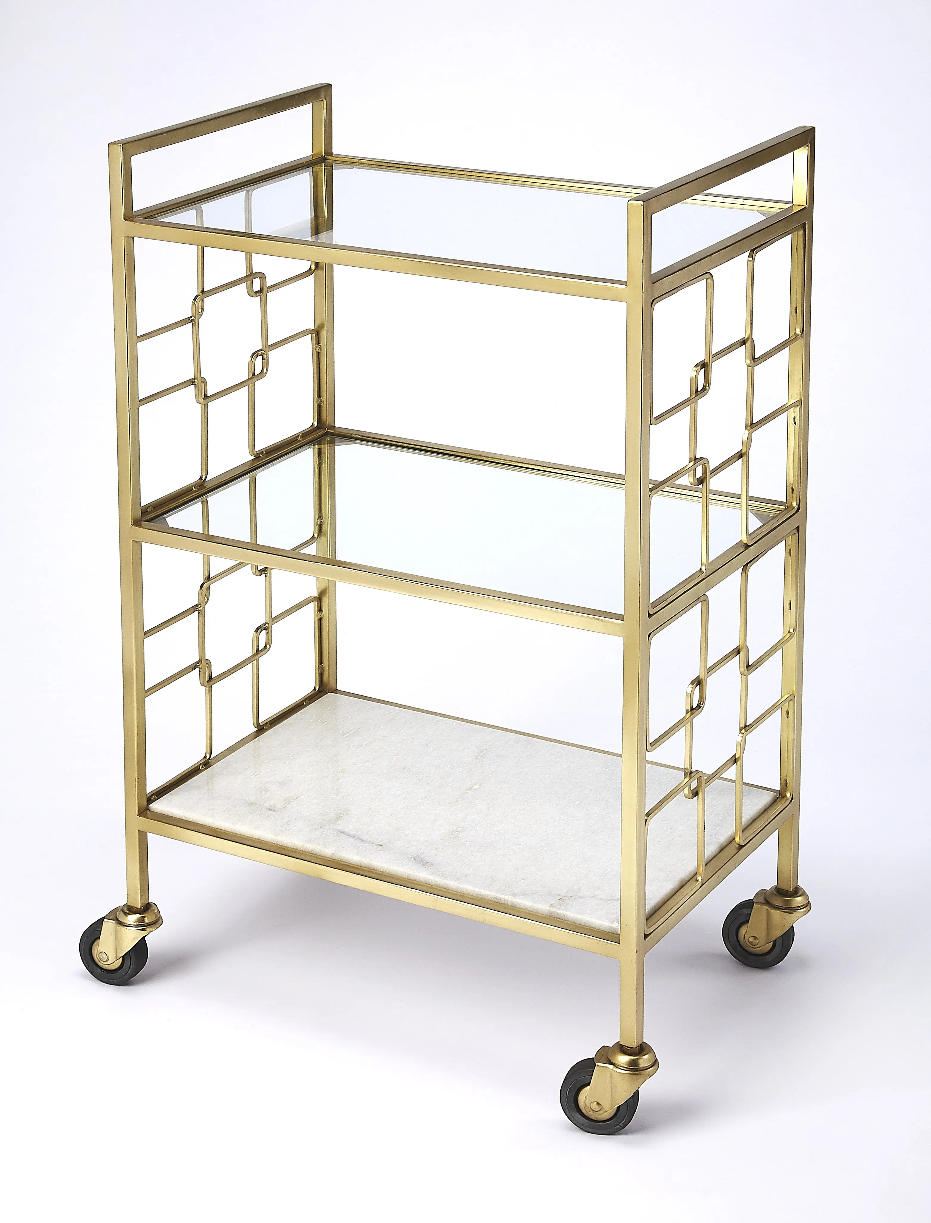 Butler Specialty Company Arcadia 20.5 in. W Rectangular Metal-Stone-Glass 3 Tier Mobile Bar Cart, Gold