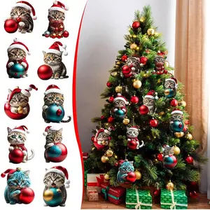 【Hot Selling】Christmas Tree Decorations Set, Acrylic Pendant Ornaments, Cute Cat Design, Holiday Accessories for Home Decoration