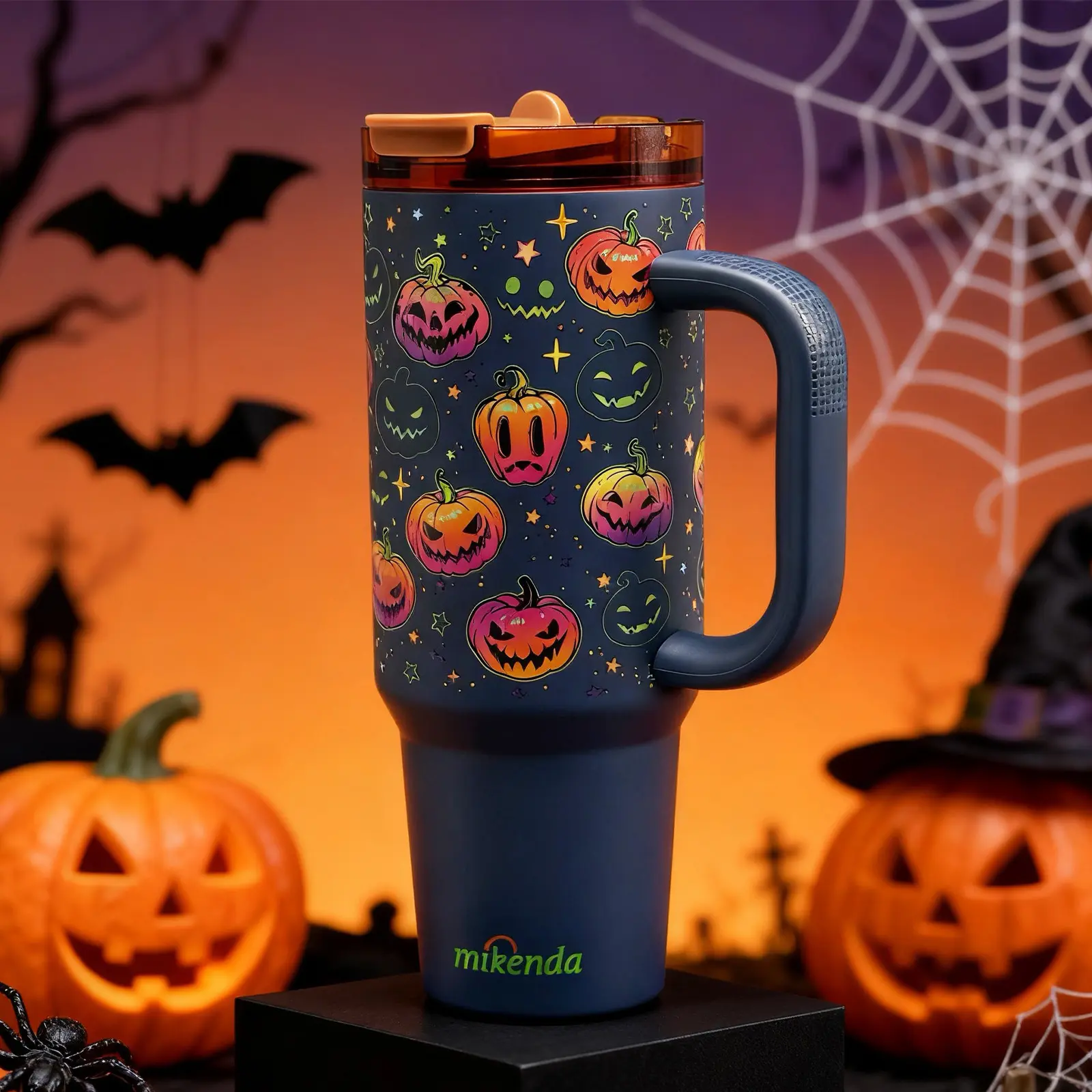 Glow-In-The-Dark 1pc 40oz Halloween Pumpkin Stainless Steel Insulated Mug，Handle Straw Cup, Drinkware, Keeps Drinks Hot & Cold, Perfect Gift for Women