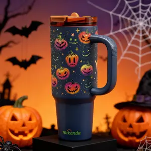 Glow-In-The-Dark 1pc 40oz Halloween Pumpkin Stainless Steel Insulated Mug，Handle Straw Cup, Keeps Drinks Hot & Cold, Perfect Gift for Women, Vacuum Insulated Cup