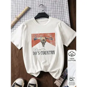 90S Countryside & Bull Head Print 100% Cotton Short Sleeve T-Shirt For Women, Summer Tee, Graphic Tee, Casual Summer Outfit, Cotton T-Shirt, Summer Top, Oriental Aesthetic Street Style 2026 Milan Inspired Printed T-Shirt