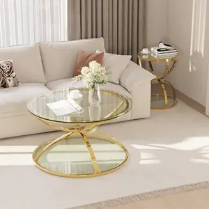 31.5" Tempered Glass Round Coffee Table with 19.7" Side Table Set, Modern Gold Frame Dome Base Two Tiers Circle Living Room Center and Small End Tables, Set of 2, Round Shape