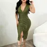 Women's Solid Color Sleeveless V-Neck Fitted Midi Dress, Front Ruched and Front Slit, Elegant Dress, Perfect for Cocktail Parties and Wedding Guests