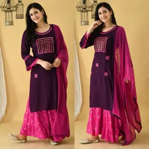 INDIAN FASHIONABLE RAYON EMBROIDERY WORK TOP SHARARA WITH DUPATTA WINE SIZE 40