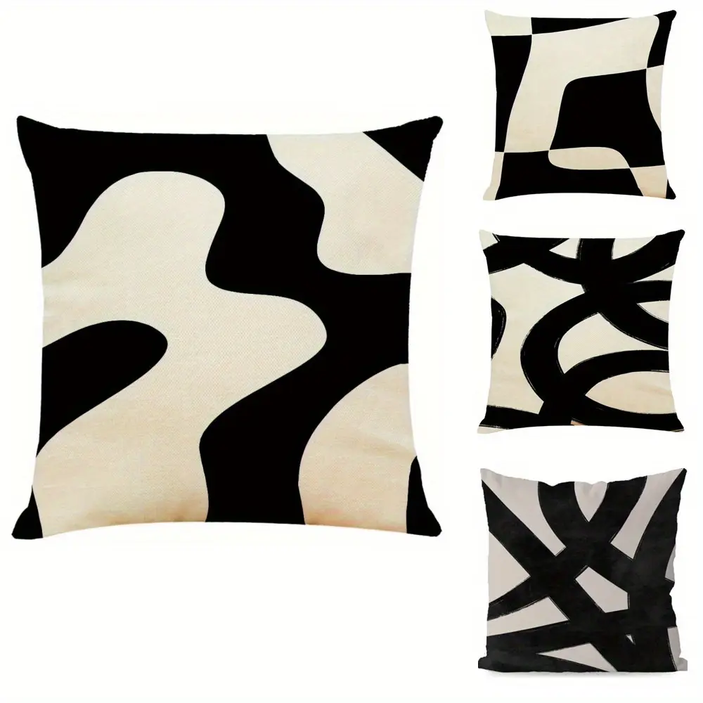 4-Pack Vintage Style Abstract Geometric Linen pillowcase, Black and Beige Art Line Cushion Cases with Zipper Closure, Hand Wash Only, Decorative Pillow Cover for Couch, Chair, Bedroom, Farmhouse Sofa(excluding Pillow Core)