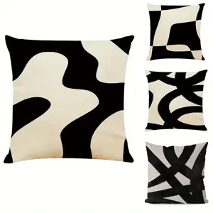 4-Pack Vintage Style Abstract Geometric Linen pillowcase, Black and Beige Art Line Cushion Cases with Zipper Closure, Hand Wash Only, Decorative Pillow Cover for Couch, Chair, Bedroom, Farmhouse Sofa(excluding Pillow Core)