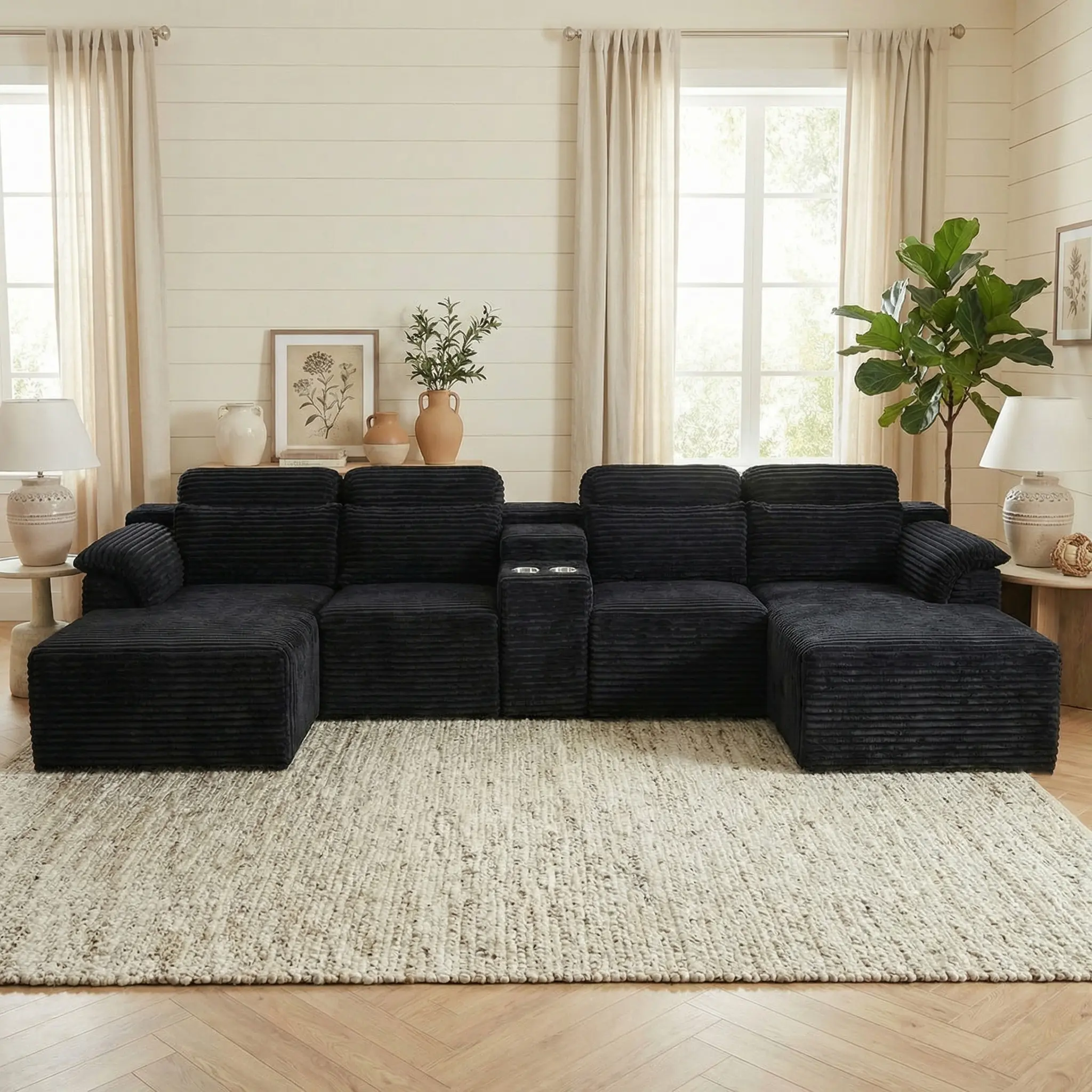 147" Modular Sectional Sofa  with Cup Holder Console, Oversized U Shaped Cloud Couches, high quality furniture Deep Seat Free Combination Floor Couch, No Assembly Large Corner Sofa for Living Room Family Apartment boneless soft