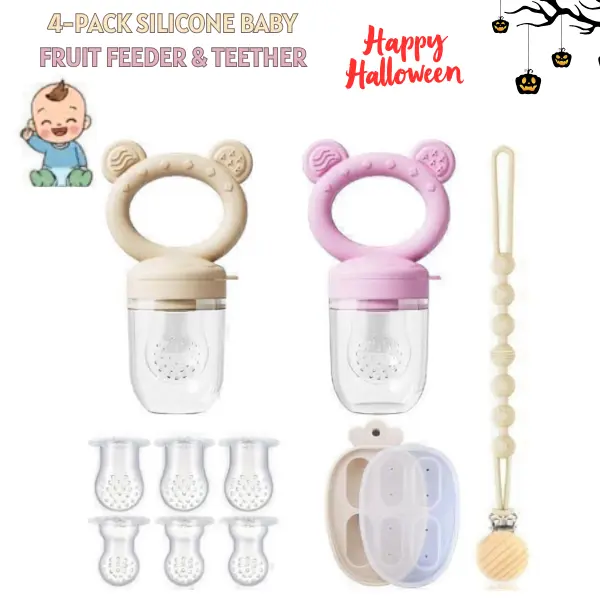 4-Pack BPA-Free Silicone Teething Feeder Pacifier & Silicone Molds Set - Antibacterial, Fade-Resistant, Anti-Drop Fresh Food/Breastmilk Popsicle Feeder with Lids&Clips, Easy-Clean Baby Shower Gift