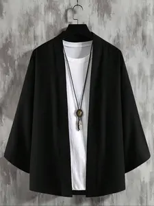 Men's Solid Color Open Front 3/4 Sleeve Shirt, Casual Comfy     Top for Daily Wear, Men's Clothes for All Seasons