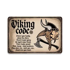 Viking Code Warrior Norse Mythology Tin Sign， Vintage Viking Warrior with Axe Metal Sign Print Aesthetic Room Decoration for Home Bedroom Kitchen Dorm Bathroom Wall Decor 8 X 12， Easy to Hang