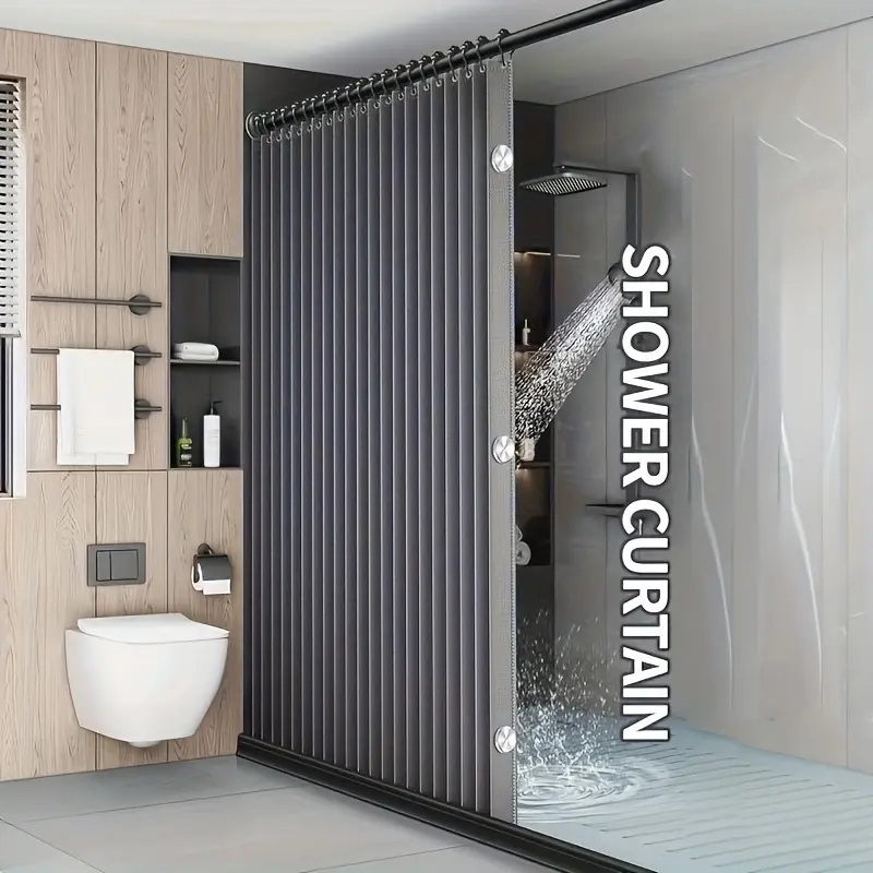 Foldable Gray Privacy Polyester Bathroom Curtain Partition - Wave Folding Screen with High-Temperature Blanket, Black Grommet Hook Holes, Machine-Washable All-Season Plain Fabric, Sinterklaas Grey Shower Set
