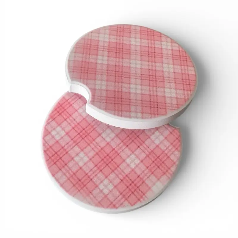 Car Cup Holder Coaster 2 Pack Absorbent Ceramic Universal Anti Slip Cork Base with Finger Notch for Cars SUVs Trucks Home Kitchen Office Unique Pliad Design
